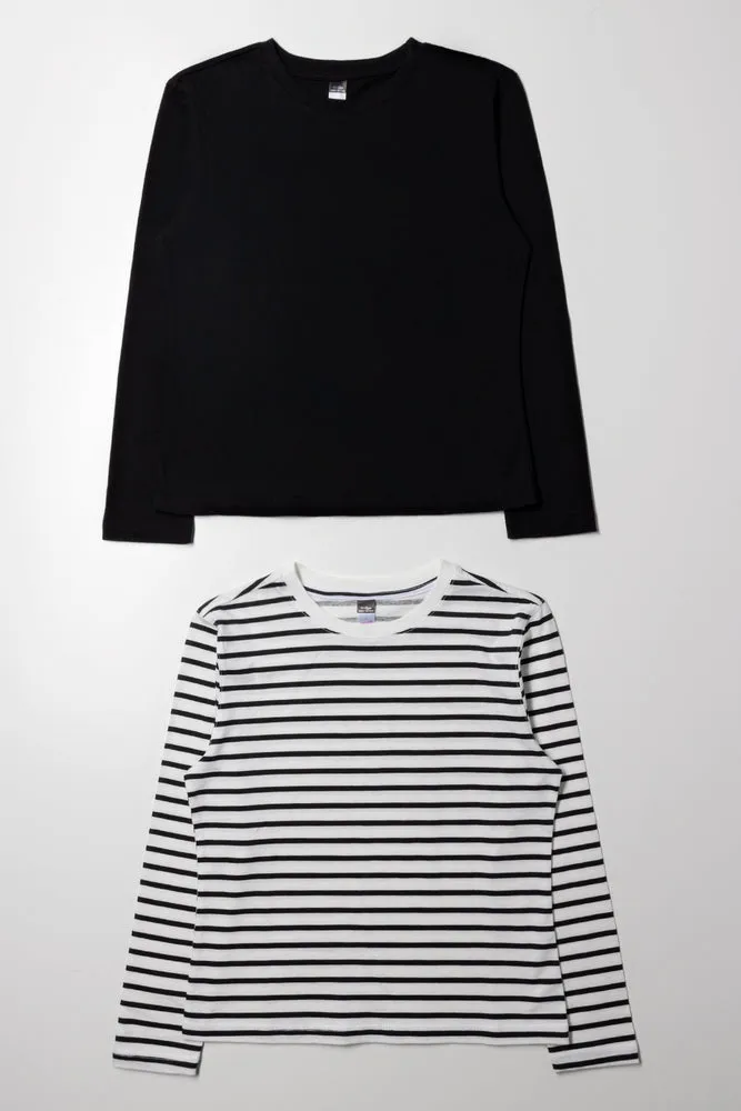 2 Pack Stripe Crew Neck T-Shirts Black And White
