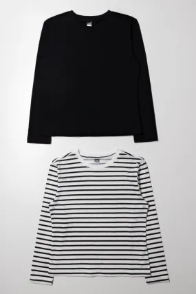 2 Pack Stripe Crew Neck T-Shirts Black And White