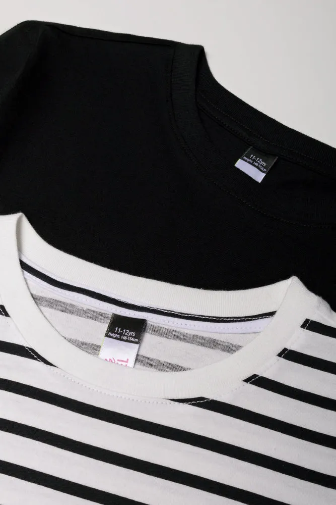 2 Pack Stripe Crew Neck T-Shirts Black And White