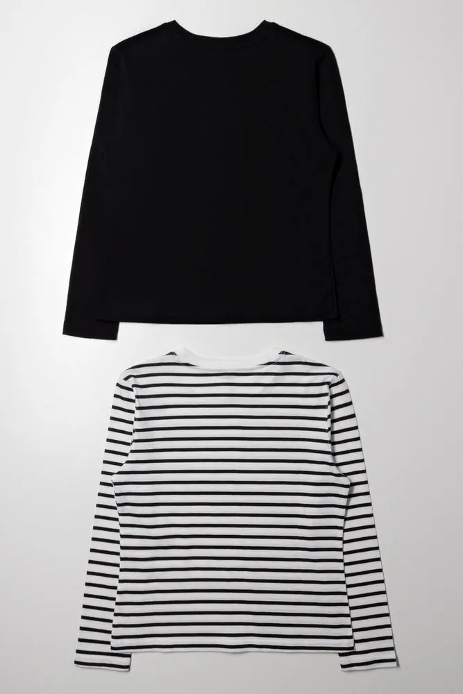 2 Pack Stripe Crew Neck T-Shirts Black And White