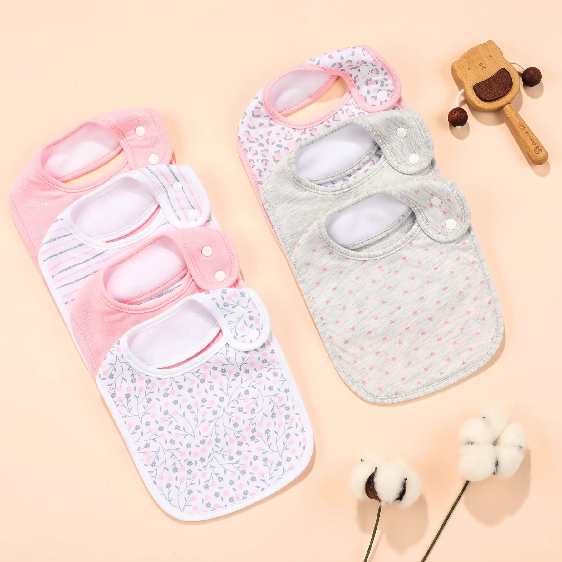 7 Pack Baby Cotton Absorbent Bibs for Drooling Teething Pink