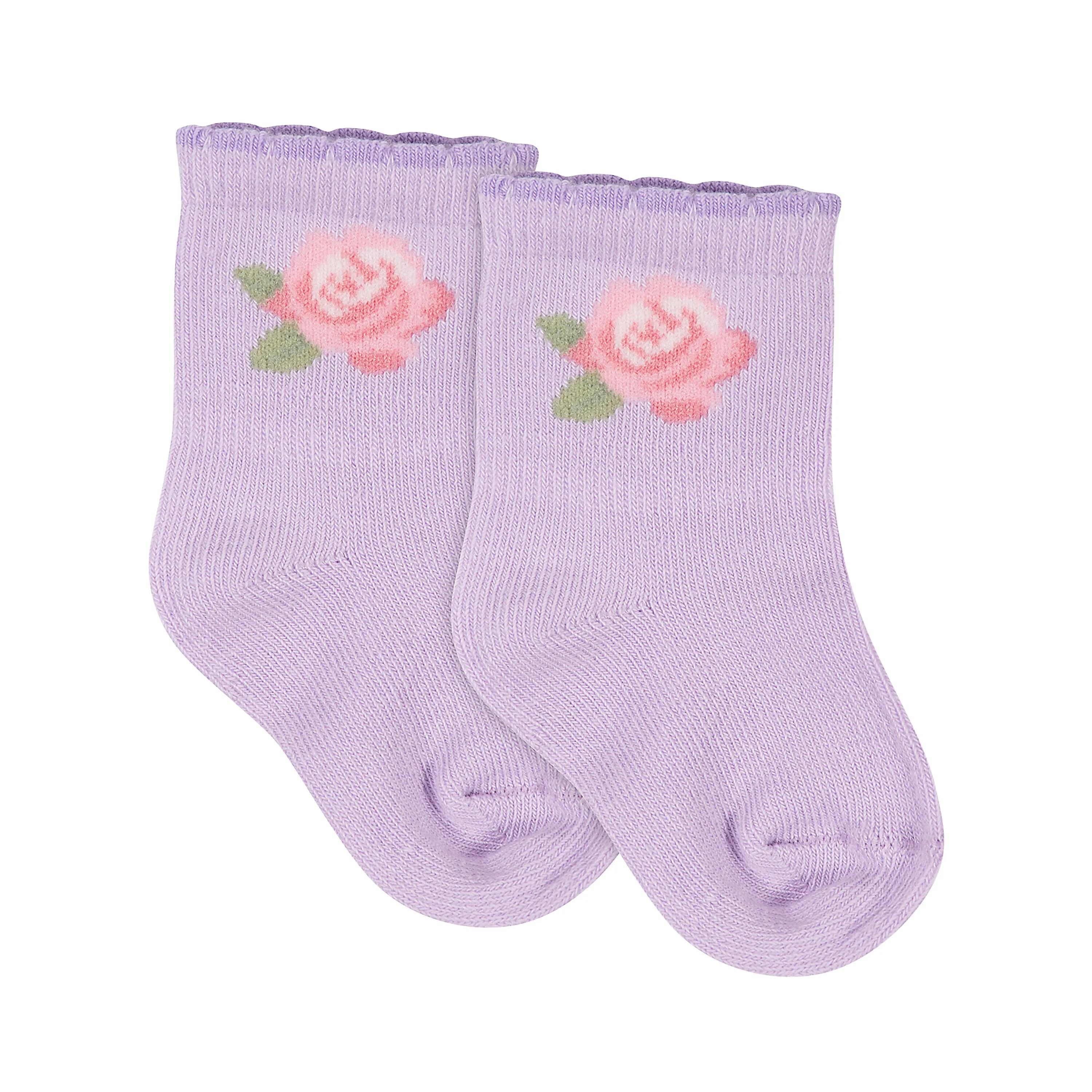 8-Pack Baby Girls Pink & Lilac Roses Wiggle-Proof™ Socks
