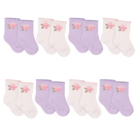8-Pack Baby Girls Pink & Lilac Roses Wiggle-Proof™ Socks