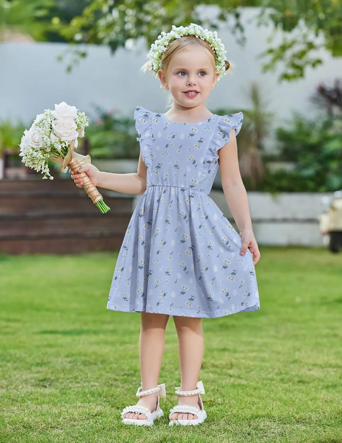 Arshiner Toddler Girls Dresses Flutter Sleeve Ruffle Back Bowknot Dress