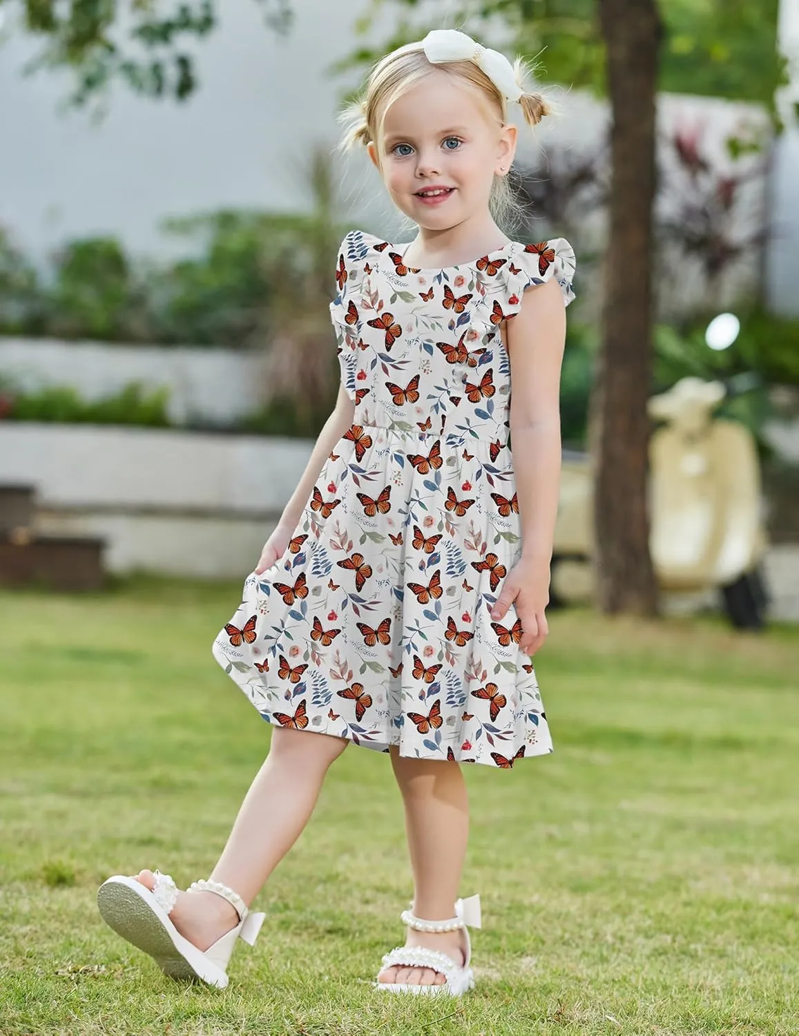 Arshiner Toddler Girls Dresses Flutter Sleeve Ruffle Back Bowknot Dress