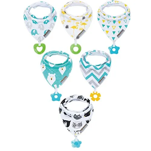 Baby Bandana Drool Bibs 6-Pack and Teething Toys 6-Pack Made with 100% Organic Cotton, Super Absorbent and Soft Unisex (Vuminbox) (6-Pack Unisex)