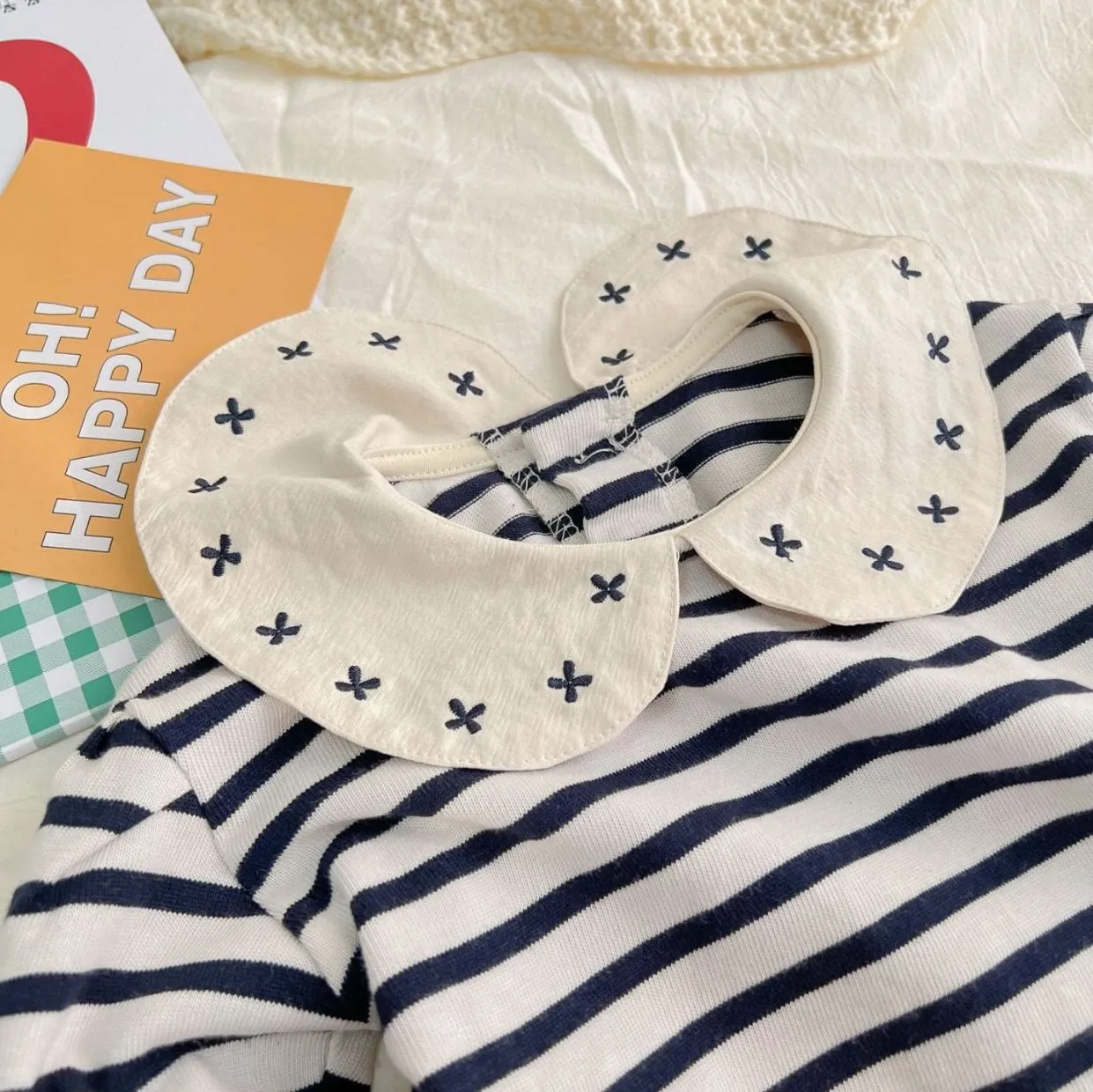 Baby Girl Lapels Embroidered Flower Striped Soft T-shirt