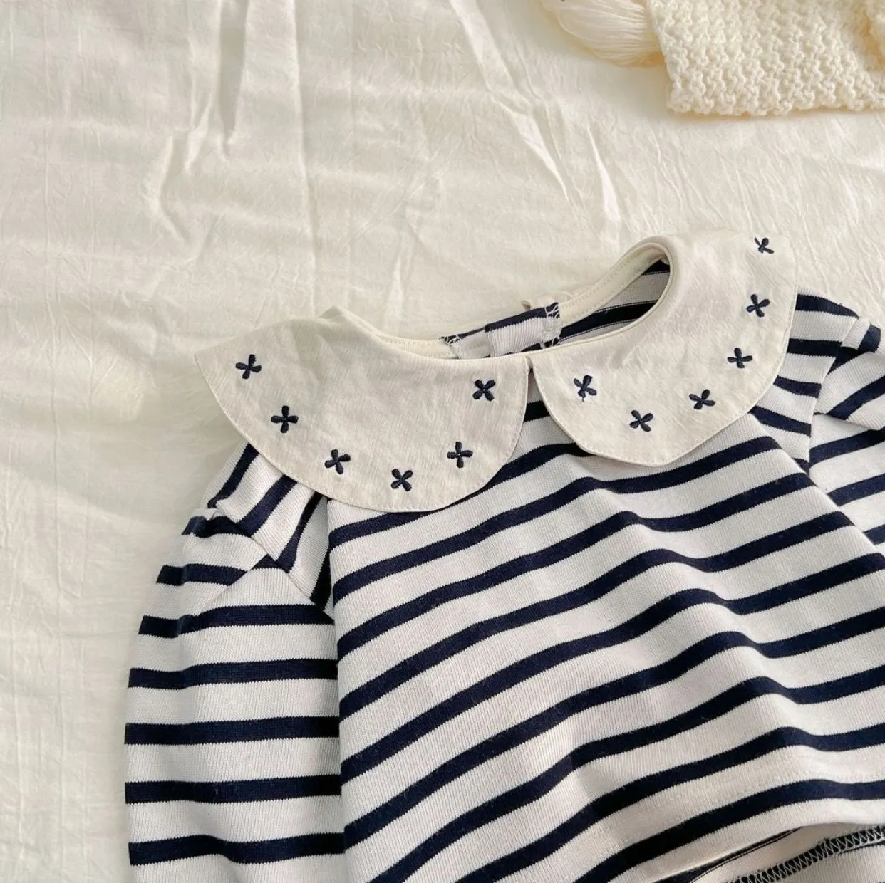 Baby Girl Lapels Embroidered Flower Striped Soft T-shirt