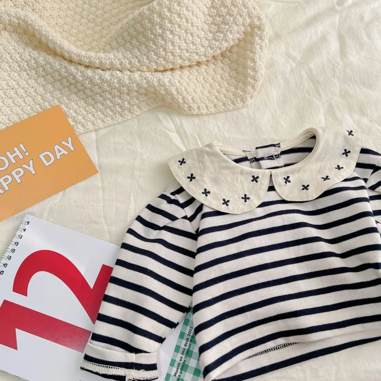 Baby Girl Lapels Embroidered Flower Striped Soft T-shirt