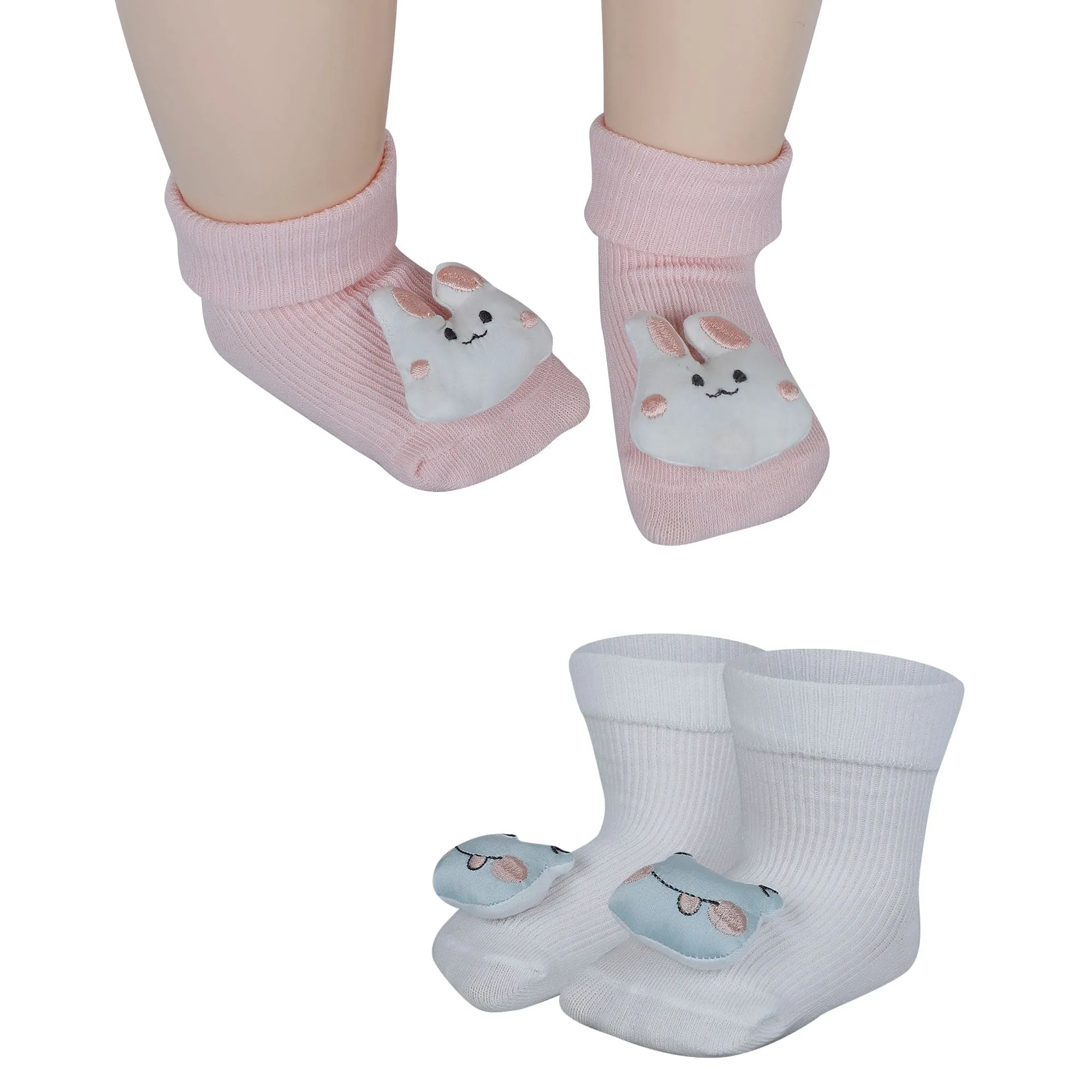 Baby Moo Frog And Rabbit 3D Rattle Anti-Skid Socks Booties Pack of 2 - White, Pink