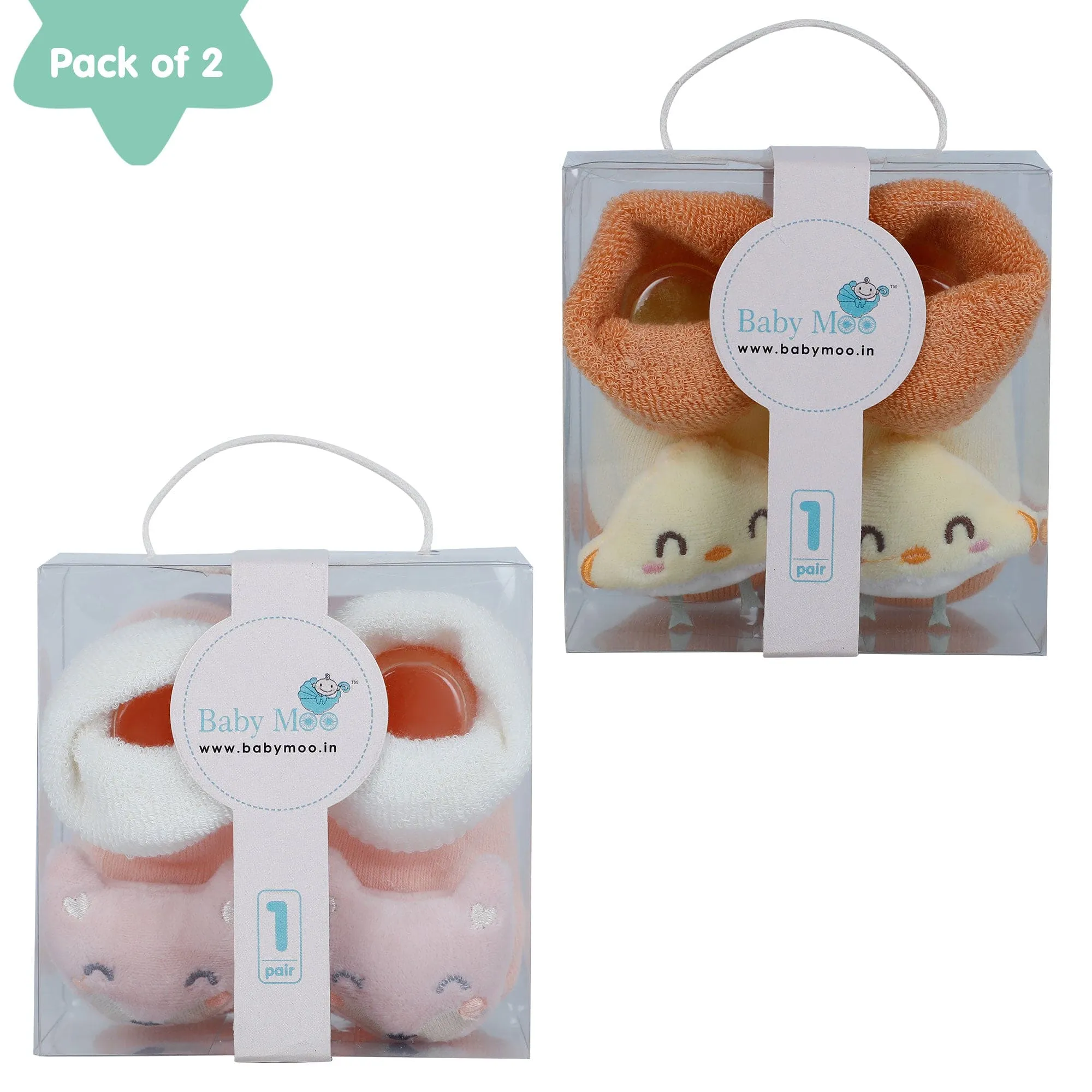Baby Moo Little Chick 3D Rattle Anti-Skid Socks Booties Pack of 2 - Orange, Peach