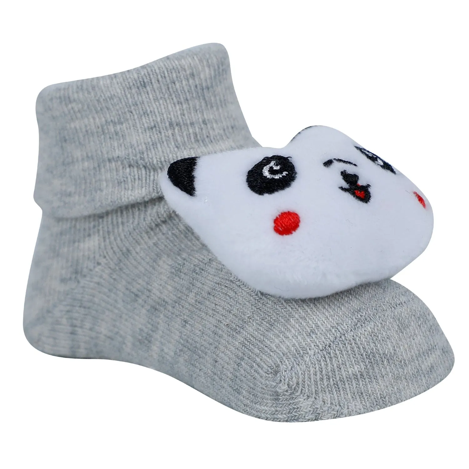Baby Moo Panda And Cow 3D Rattle Anti-Skid Socks Booties Pack of 2 - Grey, Green