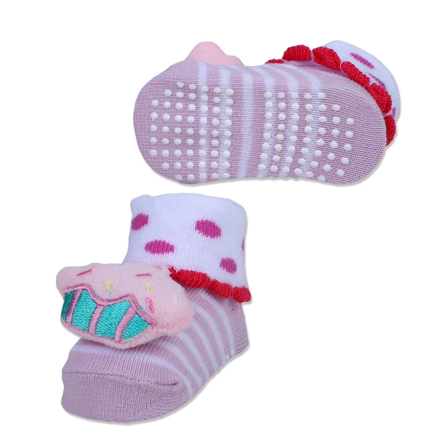 Baby Moo Sweet Cupcake Polka Cotton Anti-Skid 3D Socks - Pink