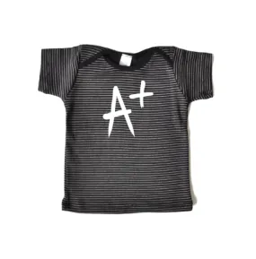 Baby Tshirt - Striped Black with A  print on front