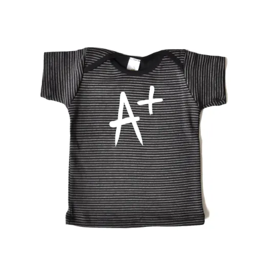 Baby Tshirt - Striped Black with A  print on front