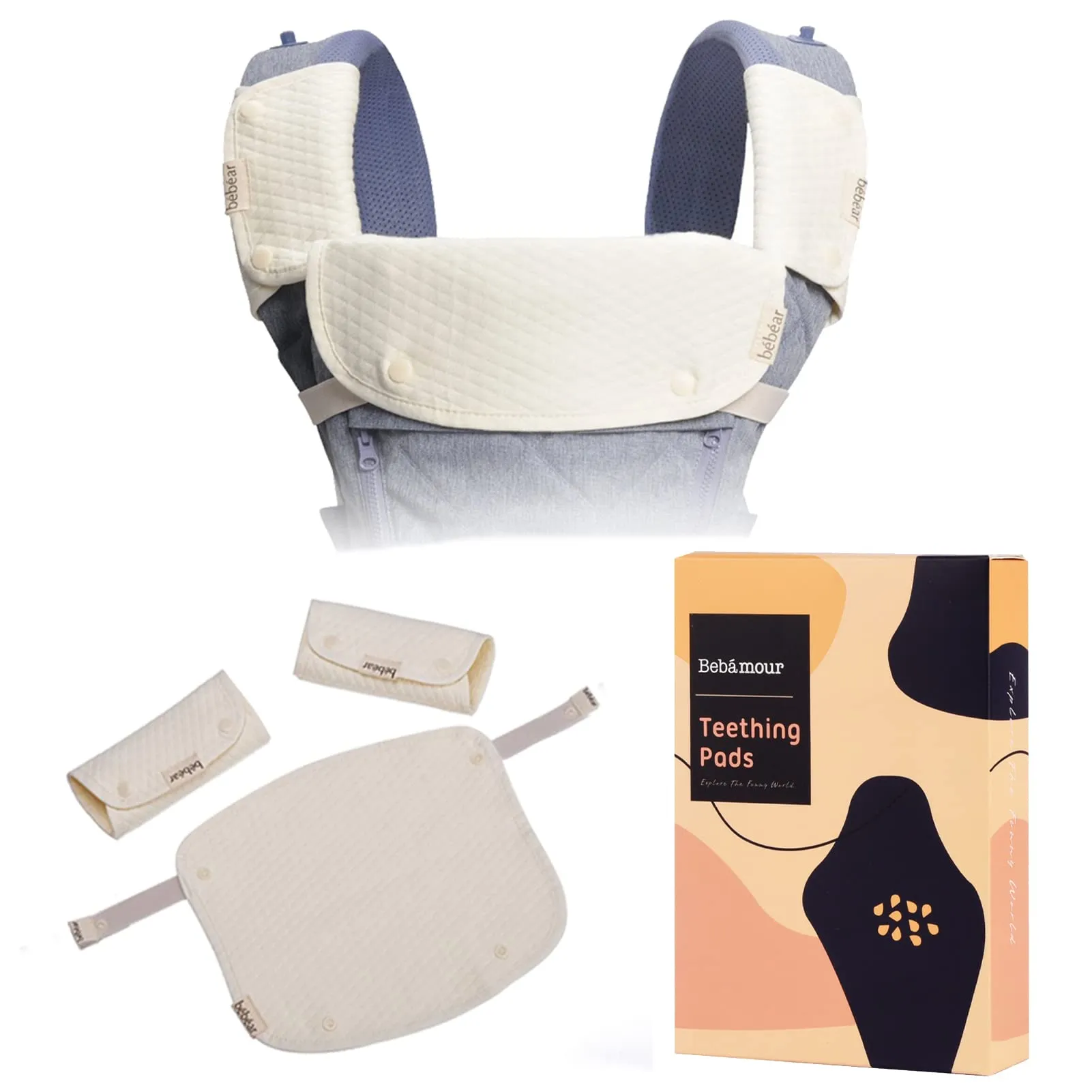 Bebamour Teething Pads for Baby Carrier, 100% Cotton Drool Bibs for Baby Carrier Newborn to Toddler, 3PCS Baby Teething Pads for Boys/Girls, Fits All Carrier/Reversible/Natural Beige White