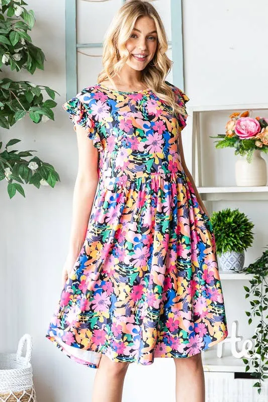 Black Multi Color--FLORAL BABYDOLL MINI DRESS