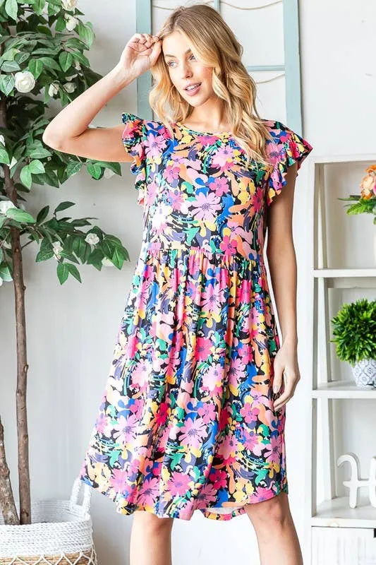 Black Multi Color--FLORAL BABYDOLL MINI DRESS