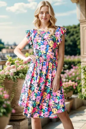 Black Multi Color--FLORAL BABYDOLL MINI DRESS