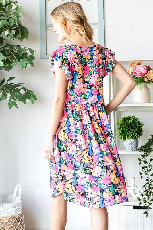 Black Multi Color--FLORAL BABYDOLL MINI DRESS