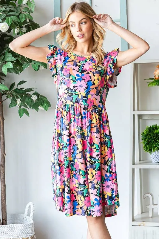 Black Multi Color--FLORAL BABYDOLL MINI DRESS