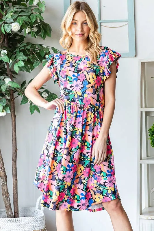 Black Multi Color--FLORAL BABYDOLL MINI DRESS