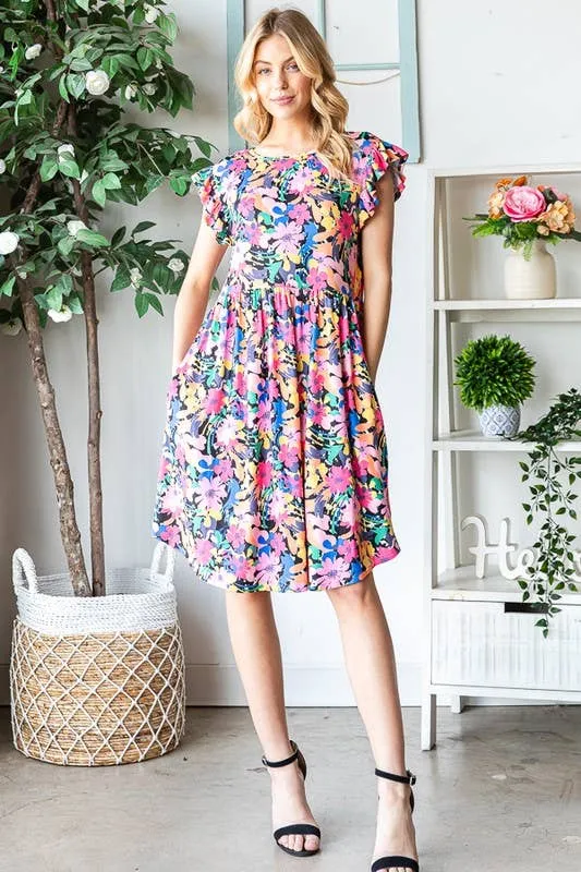 Black Multi Color--FLORAL BABYDOLL MINI DRESS