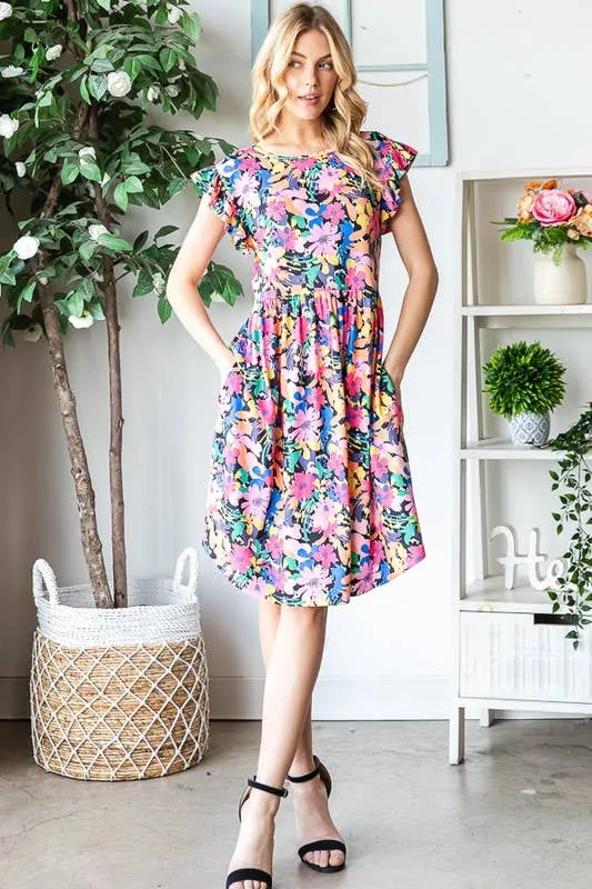 Black Multi Color--FLORAL BABYDOLL MINI DRESS