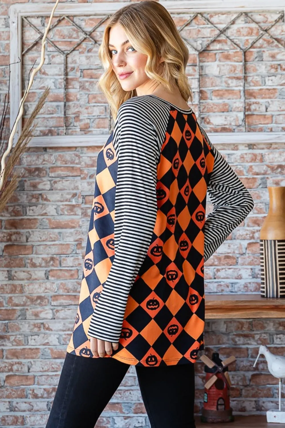 Blue Zone Planet |  Heimish Full Size Checkered Contrast Striped Long Sleeve T-Shirt
