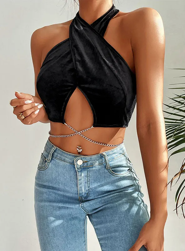Chain Velvet Neck Hollow Vest
