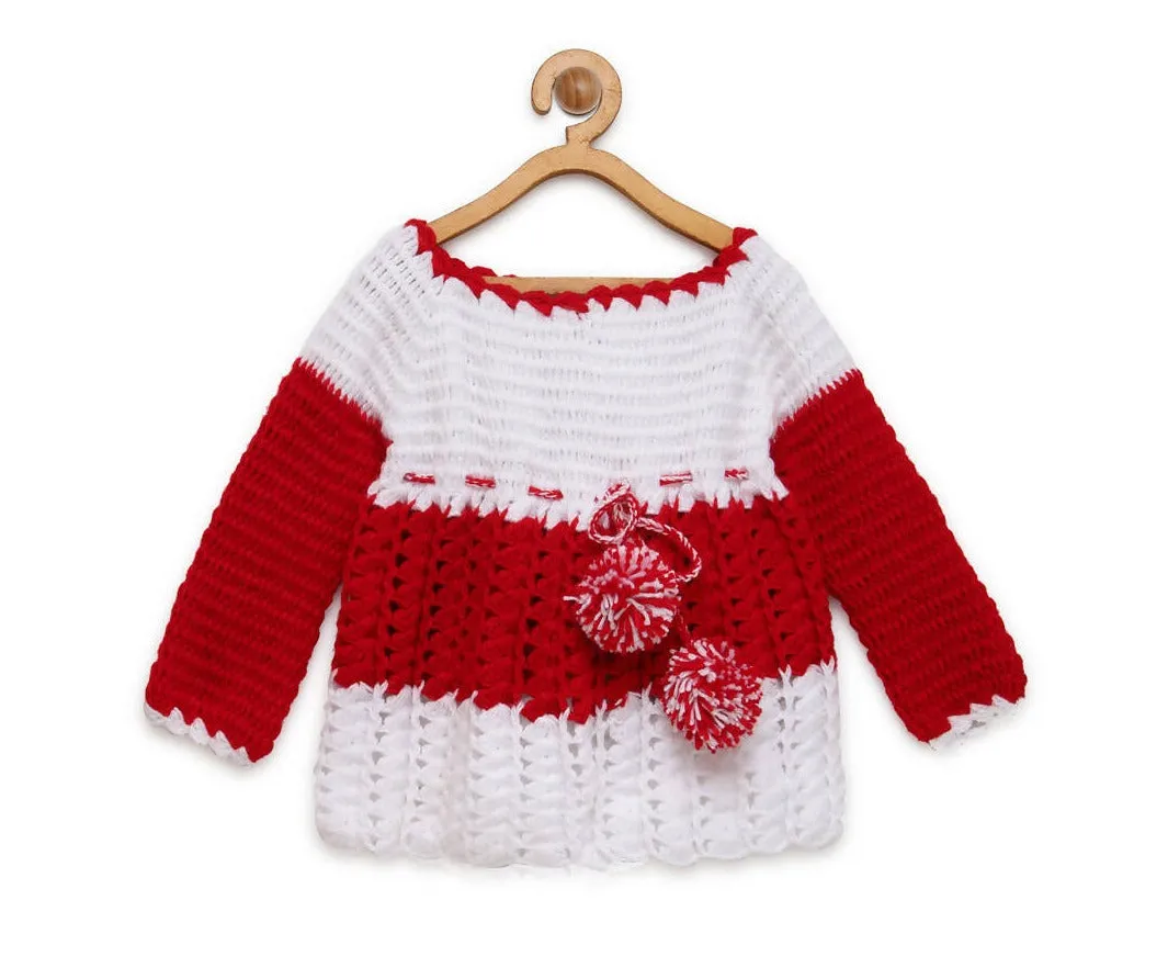 ChutPut Hand knitted Floral Crochet Wool Dress For Baby Girls - Red