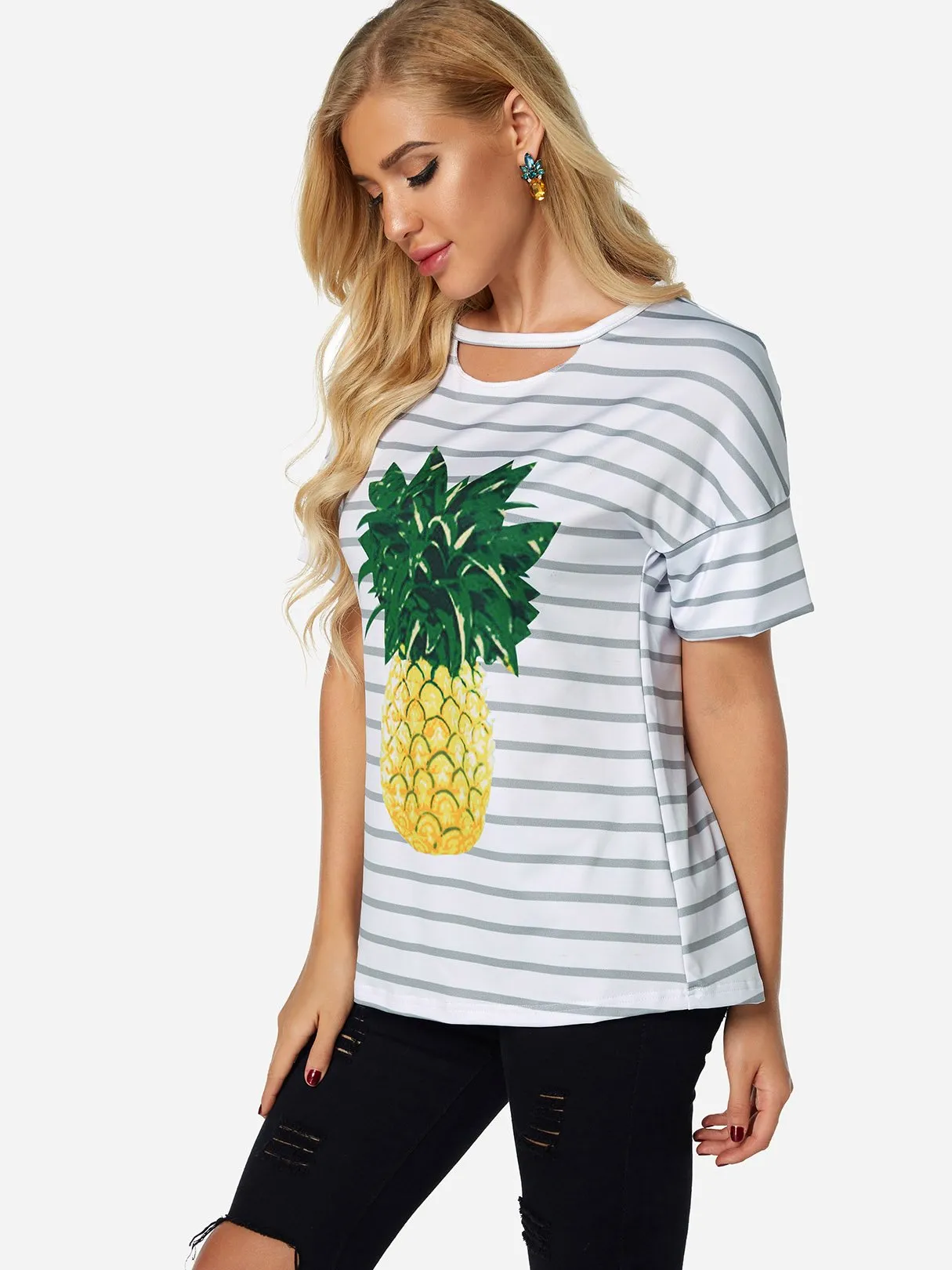 Custom Round Neck Stripe Printed Cut Out Short Sleeve White T-Shirts