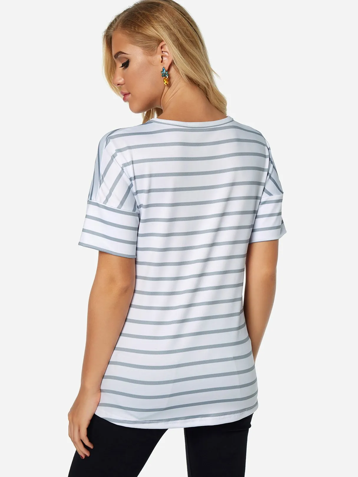 Custom Round Neck Stripe Printed Cut Out Short Sleeve White T-Shirts
