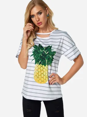 Custom Round Neck Stripe Printed Cut Out Short Sleeve White T-Shirts