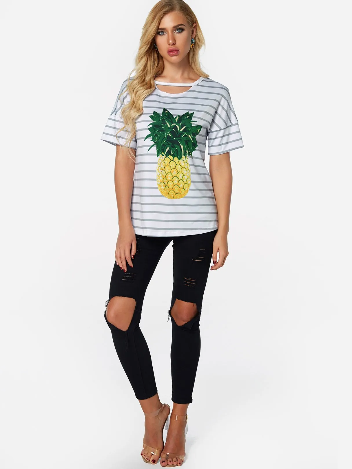Custom Round Neck Stripe Printed Cut Out Short Sleeve White T-Shirts