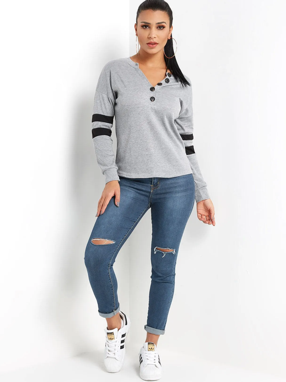 Custom V-Neck Stripe Long Sleeve T-Shirts