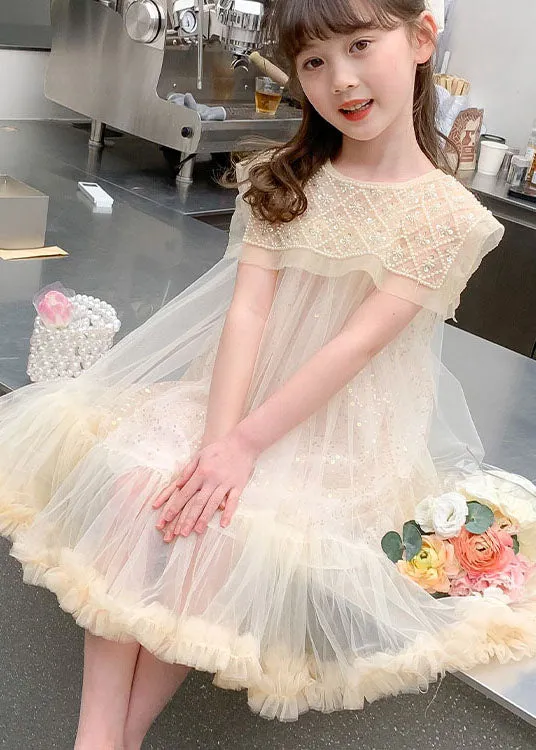 Cute Apricot Ruffled Sequins Patchwork Tulle Baby Girls Dresses Summer LY6393