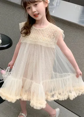 Cute Apricot Ruffled Sequins Patchwork Tulle Baby Girls Dresses Summer LY6393