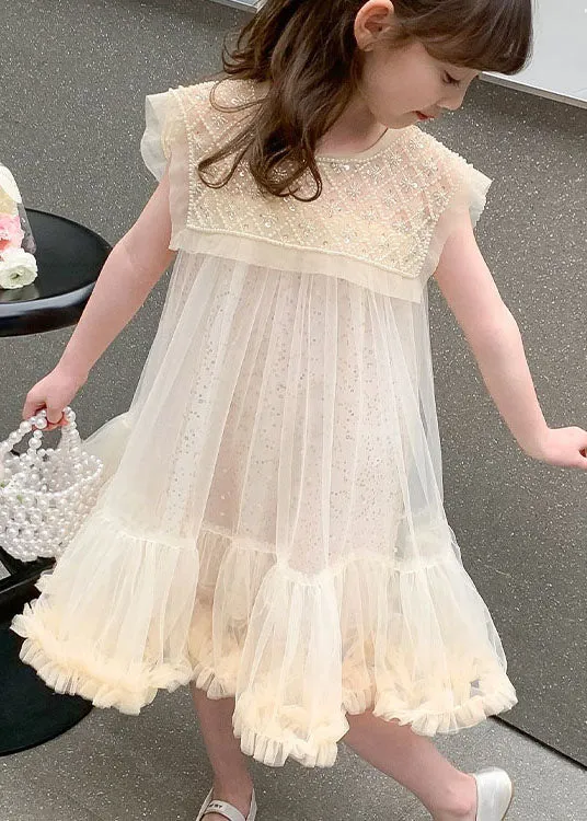 Cute Apricot Ruffled Sequins Patchwork Tulle Baby Girls Dresses Summer LY6393