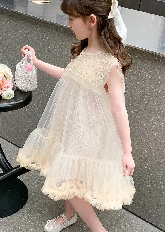 Cute Apricot Ruffled Sequins Patchwork Tulle Baby Girls Dresses Summer LY6393