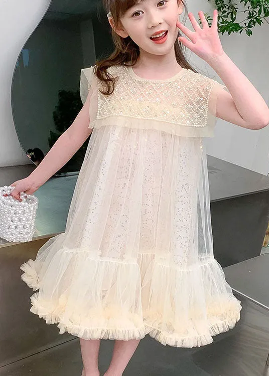 Cute Apricot Ruffled Sequins Patchwork Tulle Baby Girls Dresses Summer LY6393
