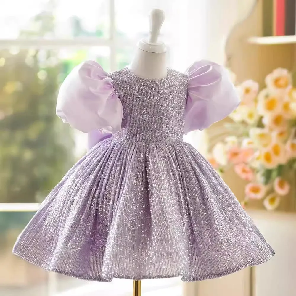 Cute Baby Purple Sequin Formal Dresses Toddler Birthday Pageant Dresses