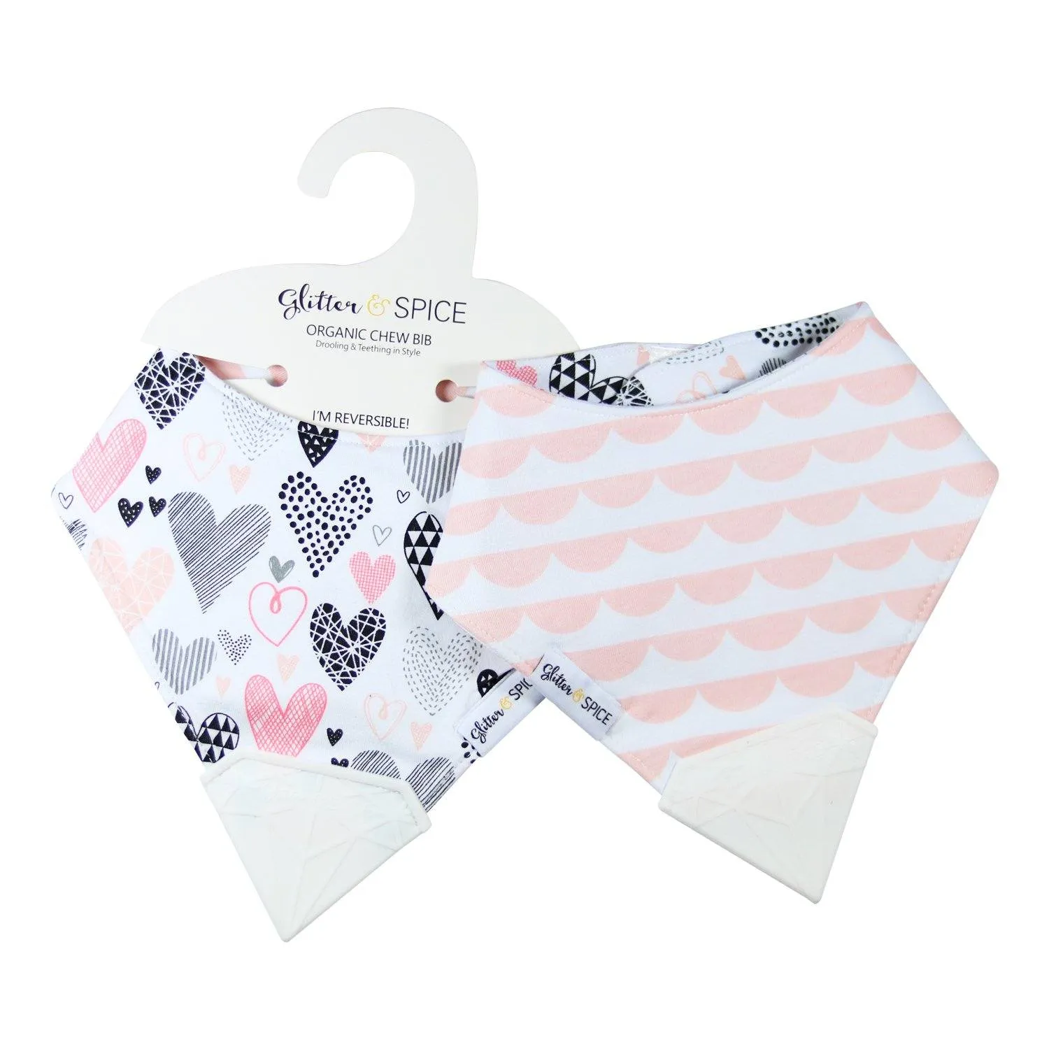 Double Sided Chew Bib - Geo Hearts / Scallop Trim