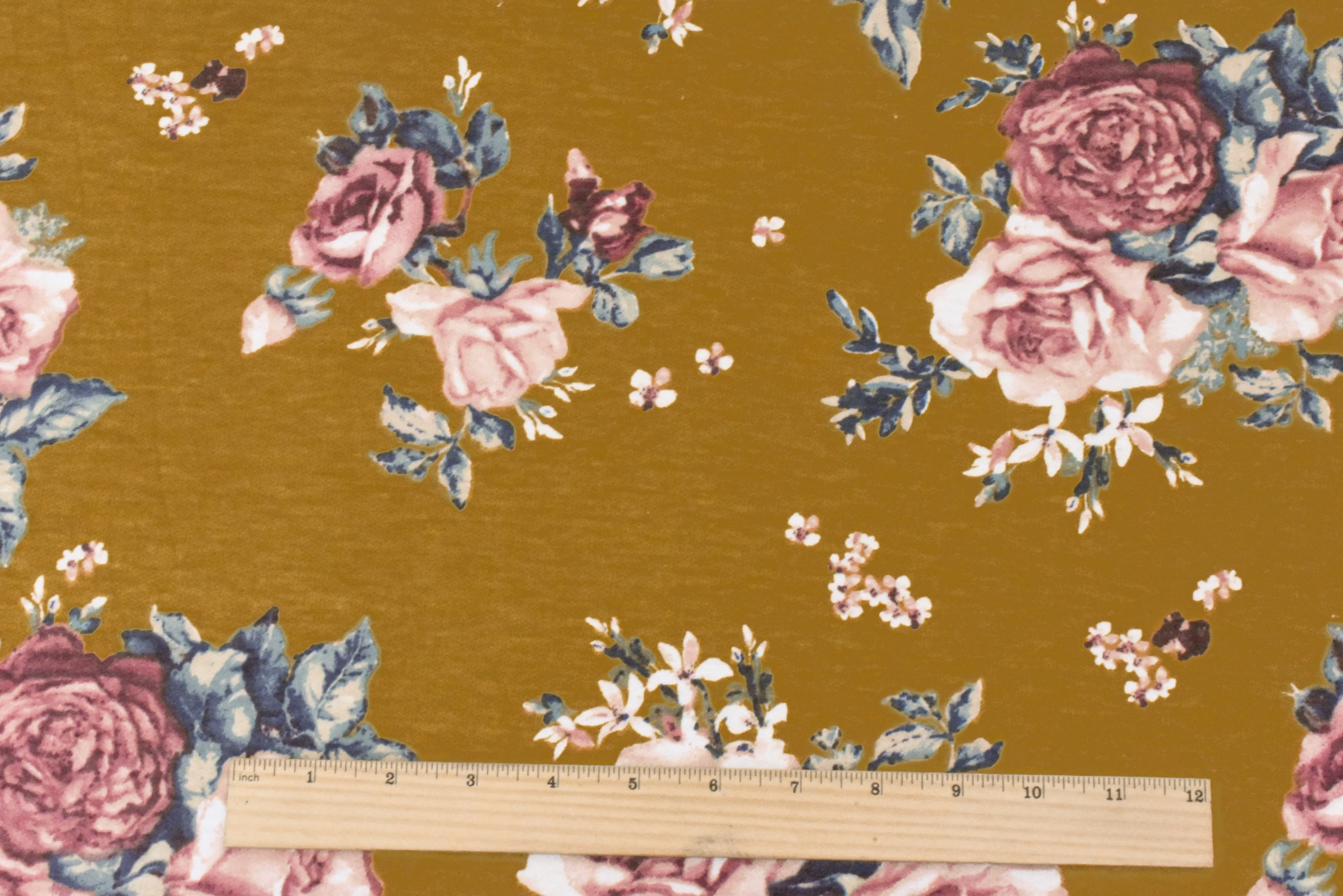 Earth Yellow-Pink-Multi Floral Print Stretch French Baby Terry Knit Fabric