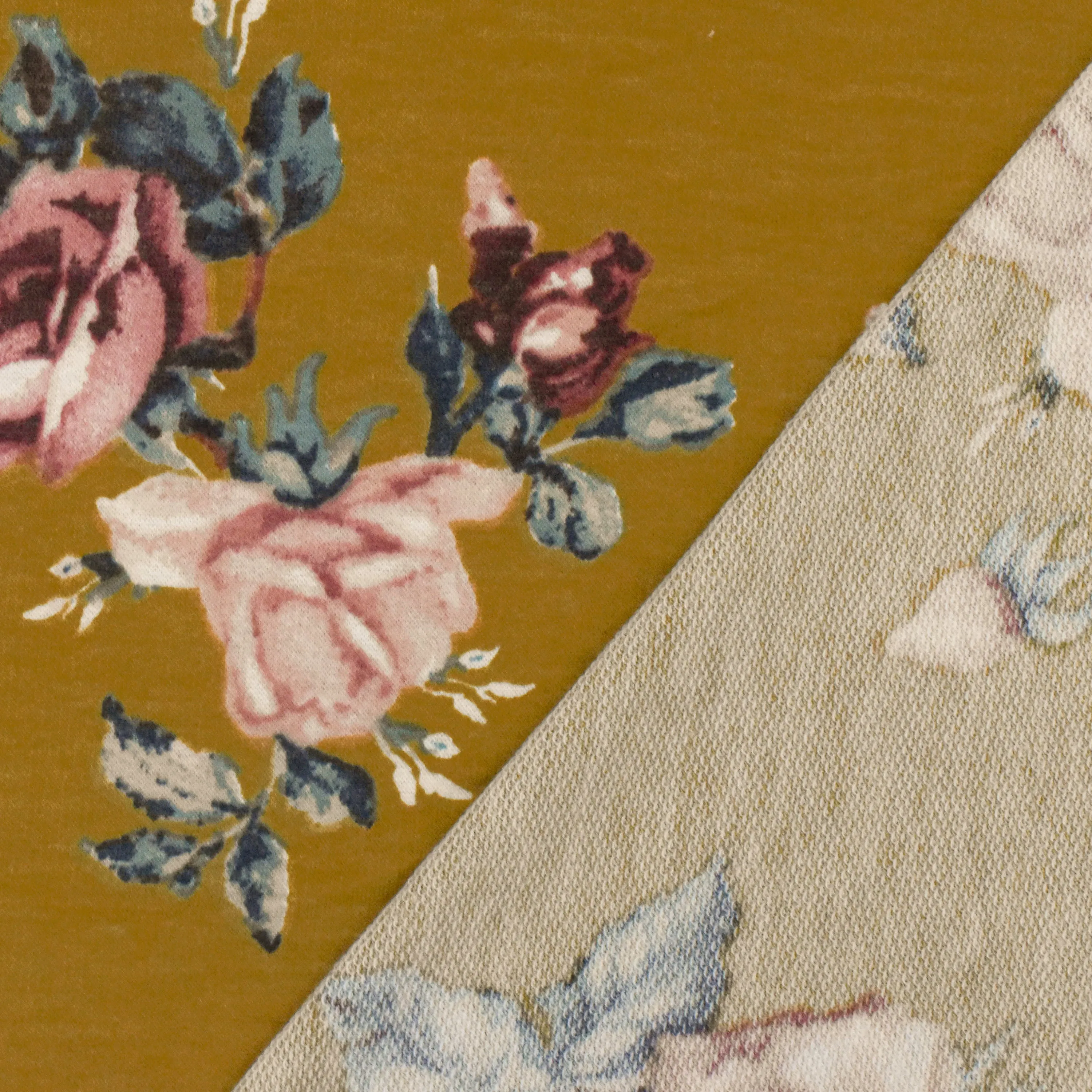 Earth Yellow-Pink-Multi Floral Print Stretch French Baby Terry Knit Fabric