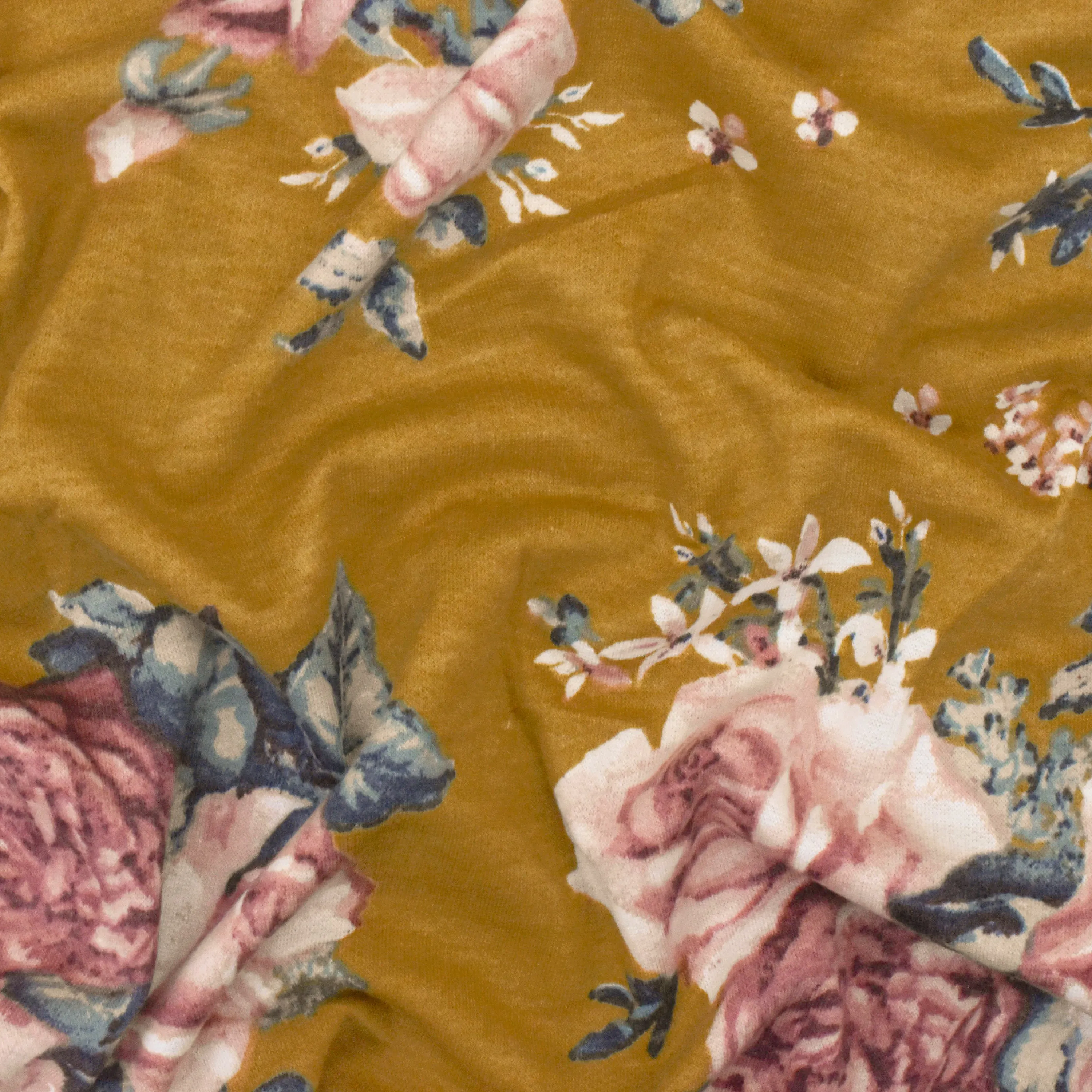 Earth Yellow-Pink-Multi Floral Print Stretch French Baby Terry Knit Fabric
