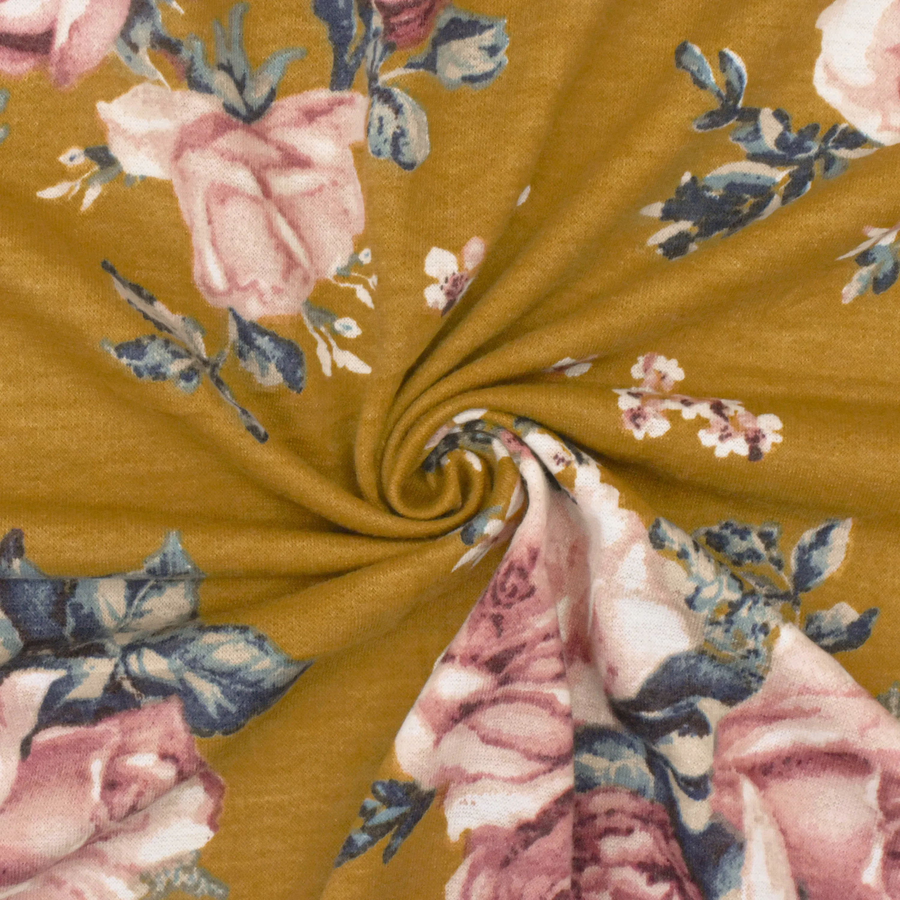 Earth Yellow-Pink-Multi Floral Print Stretch French Baby Terry Knit Fabric