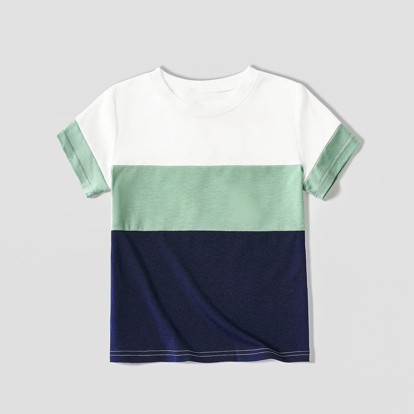 Family Matching Geometric Striped V Neck Drop Shoulder Belted Dresses and Colorblock Short-sleeve T-shirts Sets