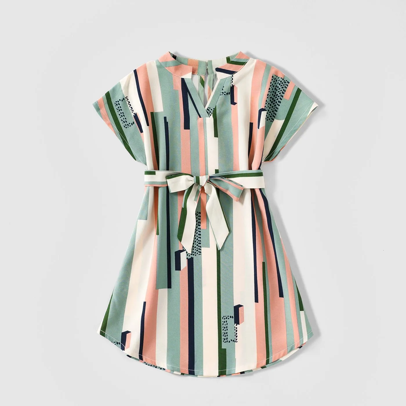 Family Matching Geometric Striped V Neck Drop Shoulder Belted Dresses and Colorblock Short-sleeve T-shirts Sets