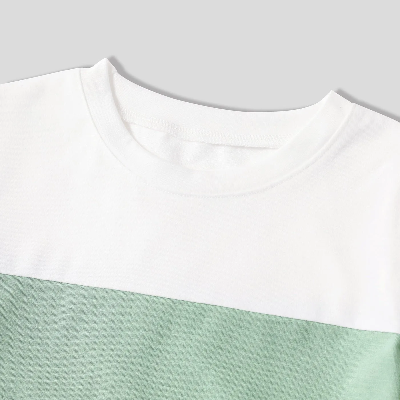Family Matching Geometric Striped V Neck Drop Shoulder Belted Dresses and Colorblock Short-sleeve T-shirts Sets